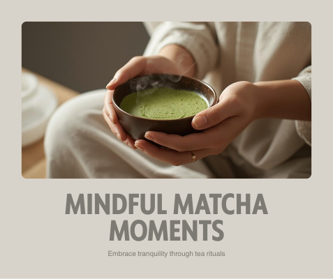 Mindful matcha moment with a person holding a bowl of Japanese matcha tea, steam rising in a calm, minimalist setting.