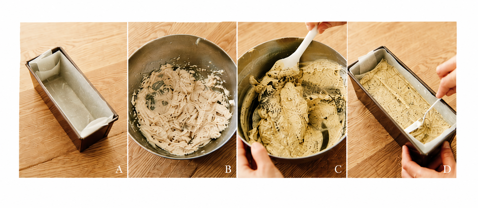 ほうじ茶パウンドケーキの下準備から生地を型に入れるまでの作り方